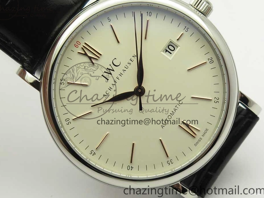 MIROTIME 0808 Portofino Automatic SS FKF 1:1 Best Edition White Dial RG Markers on Black Leather Strap A Stretchable 7141